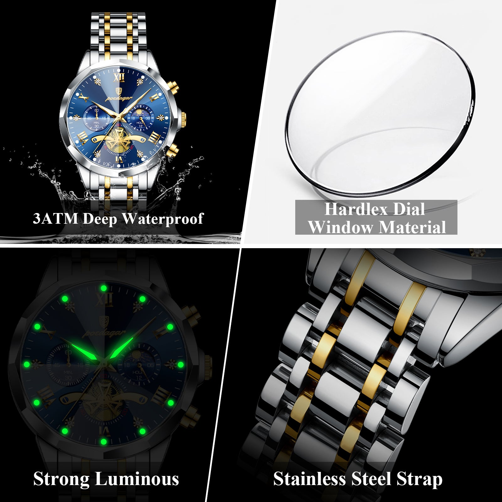 Montre Homme Luxe Squelette Automatique - POEDAGAR Bleu Édition 2026