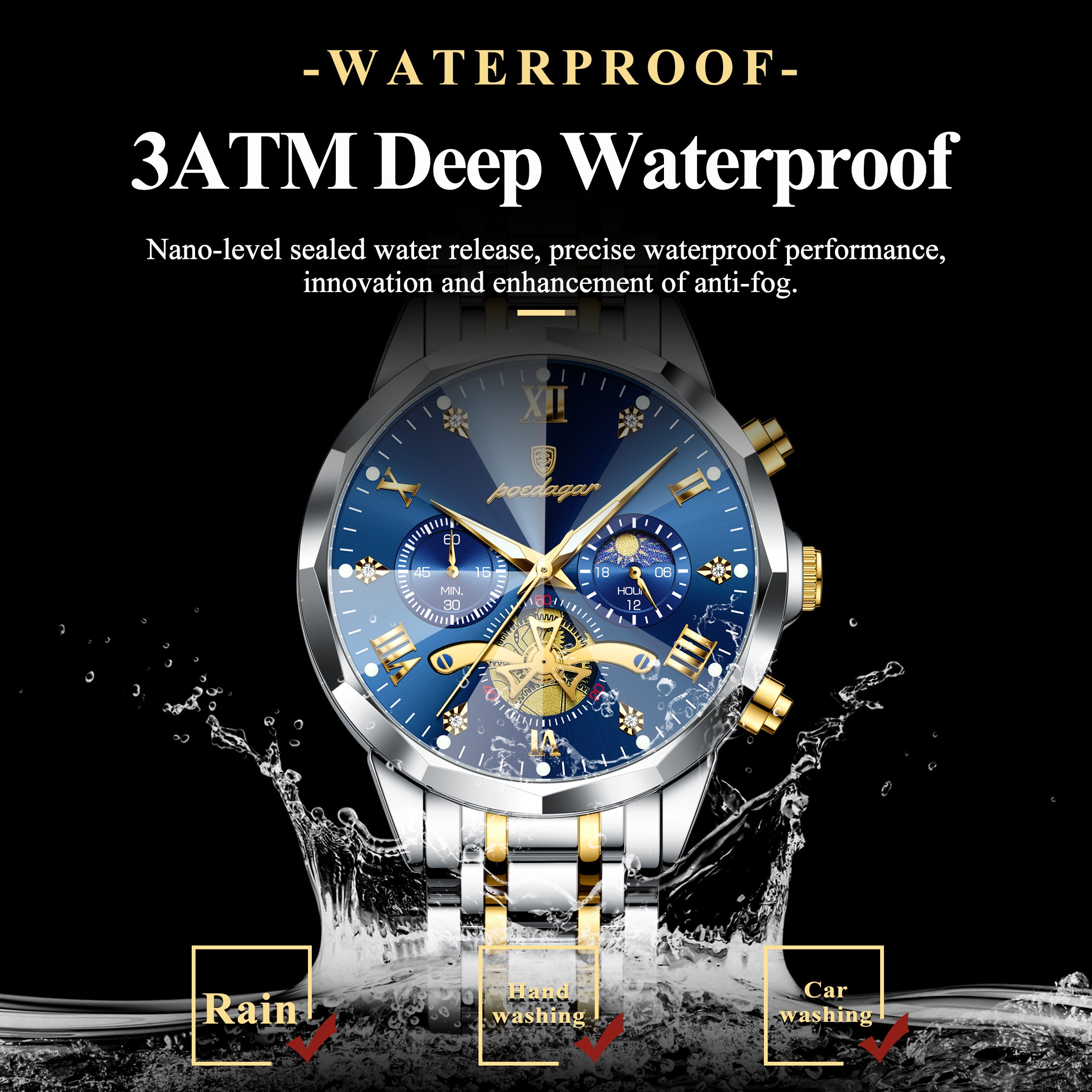 Montre Homme Luxe Squelette Automatique - POEDAGAR Bleu Édition 2026